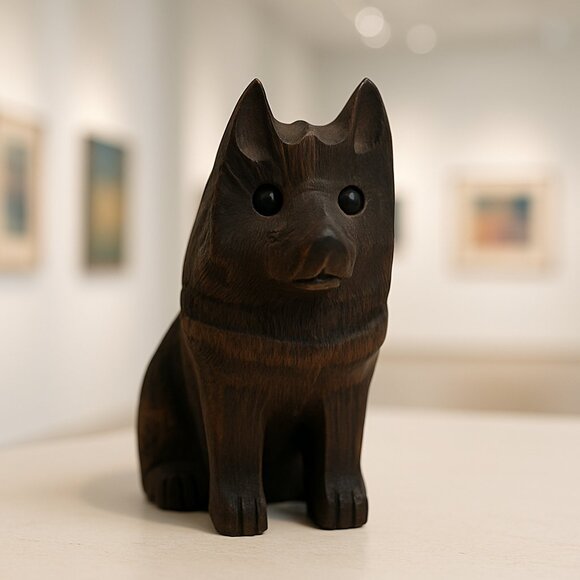 Vintage Hand Carved Wooden Akita Dog Figurine Japan Dark Wood 4 Inch Rustic Folk - Picture 1 of 8